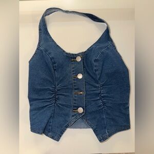 SHEIN Blue Denim Halter Top with Button Detail